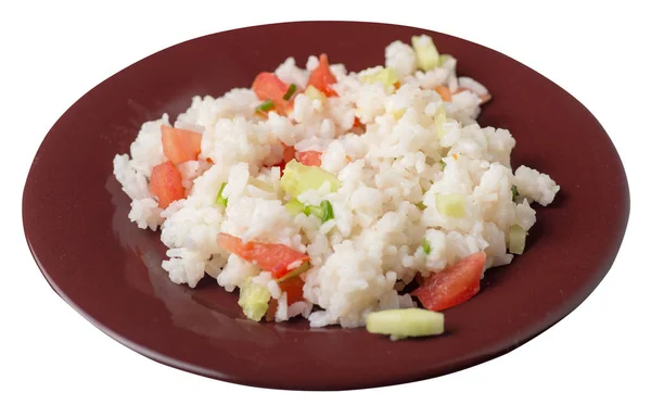 大米与蔬菜在一个盘子上隔离在白色背景。R — 图库照片