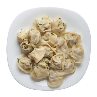 Beyaz arka planda izole bir plaka üzerinde köfte. et Dumpling