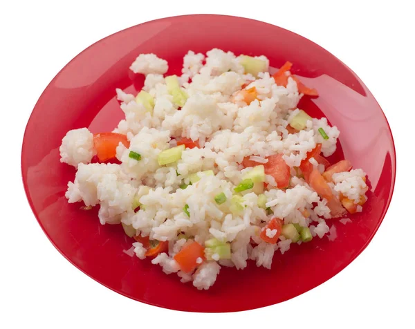 Riz aux légumes sur une assiette isolée sur fond blanc. r — Photo