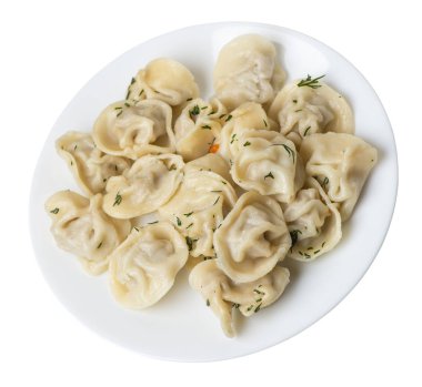 Beyaz arka planda izole bir plaka üzerinde köfte. et Dumpling