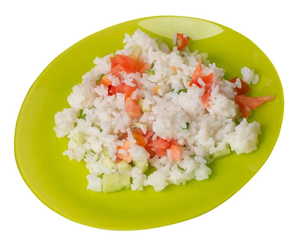 Arroz com verduras em uma chapa isolada em fundo branco. r — Fotografia de Stock