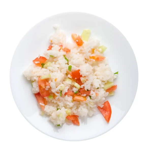 rice with vegetables on a plate isolated on white background . r