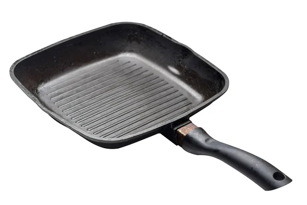 Empty Black Grill Iron pan met geïsoleerde op witte achtergrond. — Stockfoto