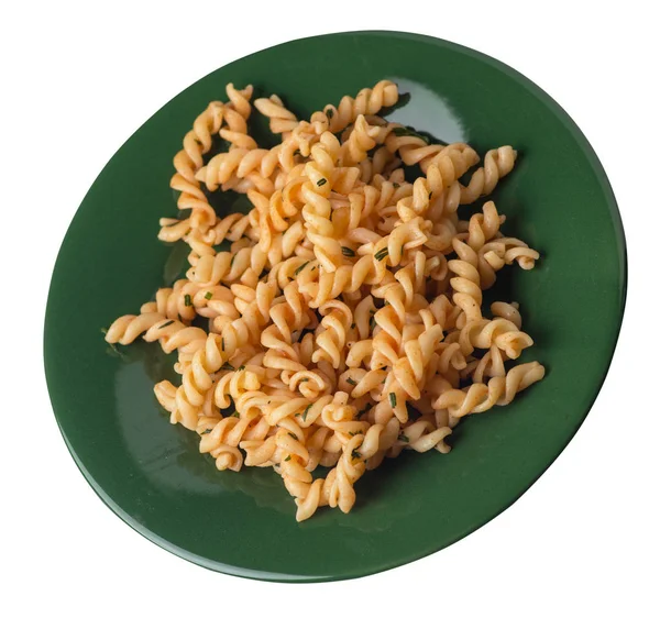 在白色背景上隔离的盘子上的意大利面。番茄意大利面 — 图库照片