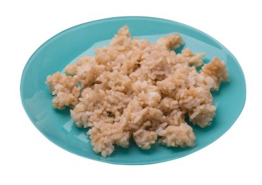  soya soslu pirinç beyaz arka plan üzerinde izole. bir tabak üst görünümünde soya soslu pirinç