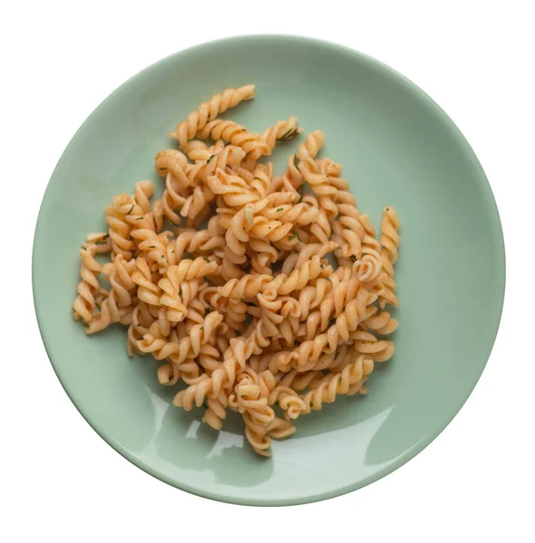 Pasta auf einem Teller isoliert auf weißem Hintergrund. Nudeln in Tomatensauce mit Dill. — Stockfoto