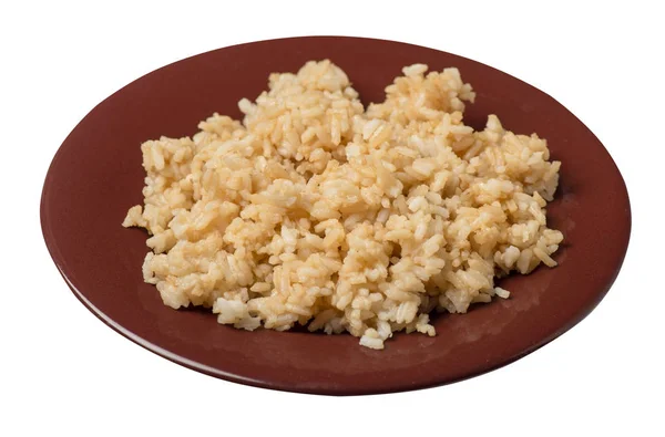 Arroz en salsa de soja aislado sobre fondo blanco. arroz en salsa de soja en un plato vista superior — Foto de Stock