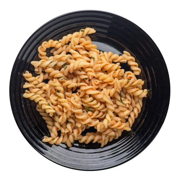 Pasta auf einem Teller isoliert auf weißem Hintergrund. Nudeln in Tomatensauce mit Dill. — Stockfoto