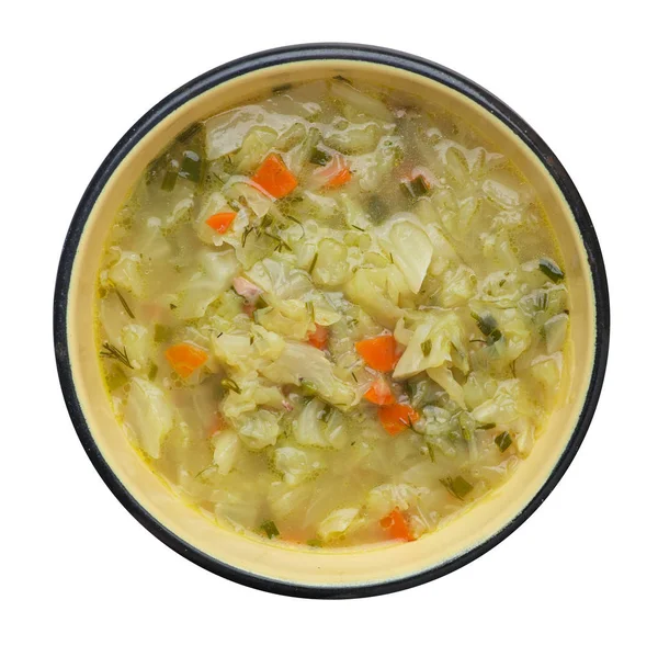 흰색 배경에 고립 된 접시에 양배추 수프. 채식 수프. 건강한 음식 탑 — 스톡 사진