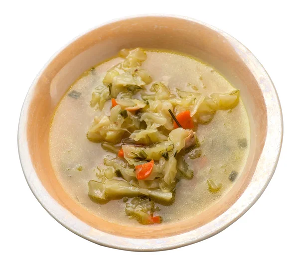 Kohlsuppe auf einem auf weißem Hintergrund isolierten Teller. vegetarische Suppensuppe. gesunde Ernährung top — Stockfoto