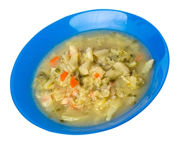 흰색 배경에 고립 된 접시에 양배추 수프. 채식 — 스톡 사진