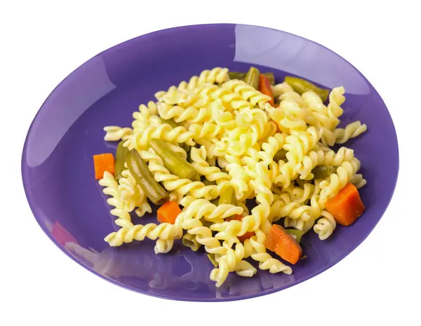 Pasta with green beans with garlicand carrots on a plate isolated on a white background. Mediterranean Kitchen . pasta  top view. — Stock Photo, Image