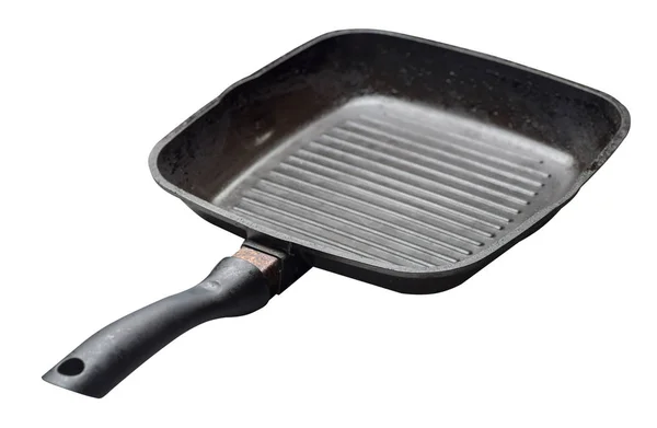 Empty Black Grill Iron pan met geïsoleerde op witte achtergrond. — Stockfoto