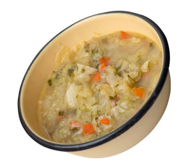 beyaz arka plan üzerinde izole bir tabakta lahana çorbası. Vejetaryen çorbası çorbası. sağlıklı gıda üst  