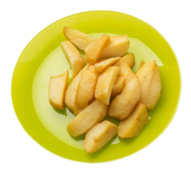 bir plaka üzerinde kızarmış patates takozlar. kızarmış patates sebzeler beyaz arka planda izole. Gıda üst görünümü