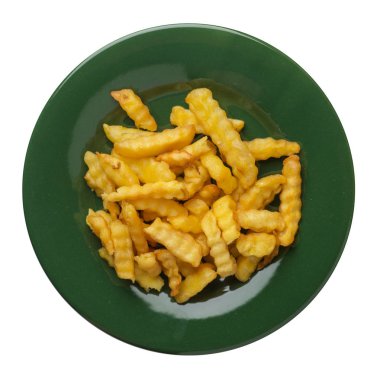 beyaz arka planda izole edilmiş bir tabakta patates kızartması.bir tabak üst görünümünde patates kızartması .abur cubur . 