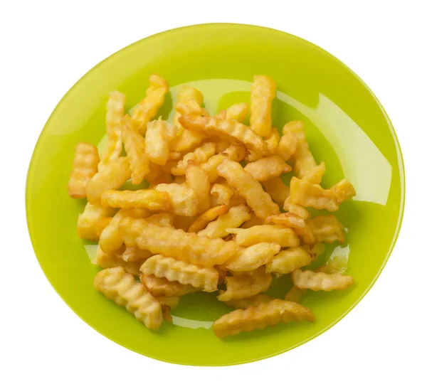 Frites sur une assiette isolée sur fond blanc.frites sur une assiette vue du dessus .junk food  . — Photo