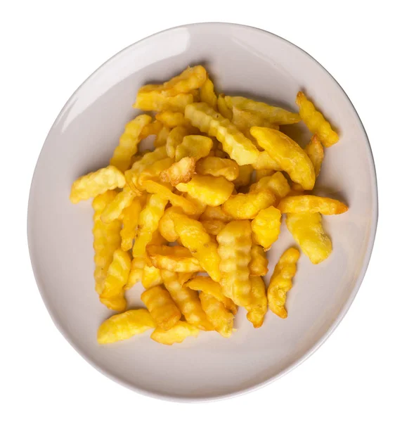 Papas fritas en un plato aislado sobre fondo blanco.papas fritas en un plato vista superior .comida chatarra  . — Foto de Stock