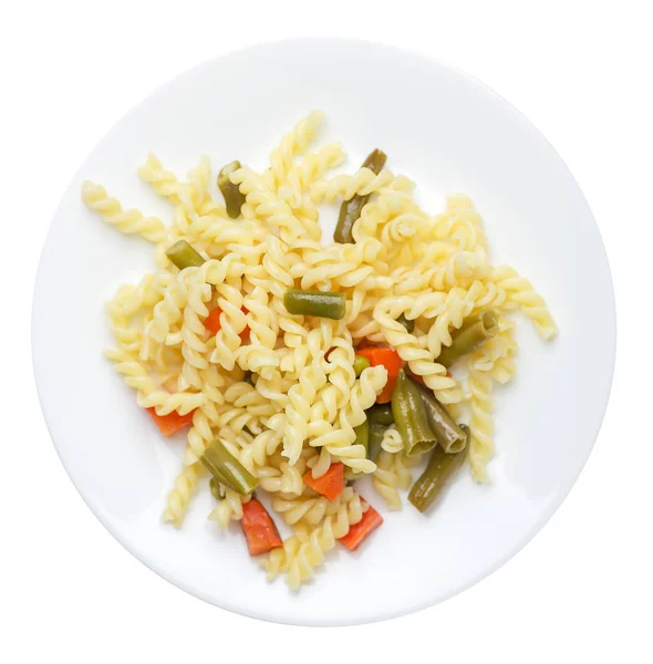 Pasta with green beans with garlicand carrots on a plate isolated on a white background. Mediterranean Kitchen . pasta  top view. — Stock Photo, Image