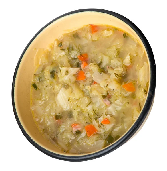 흰색 배경에 고립 된 접시에 양배추 수프. 채식 수프. 건강한 음식 탑 — 스톡 사진