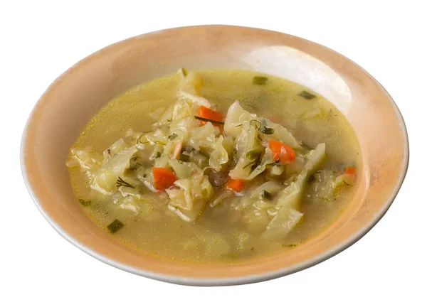 Капустный суп на тарелке, изолированной на белом фоне. вегетарианский суп. здоровое питание — стоковое фото