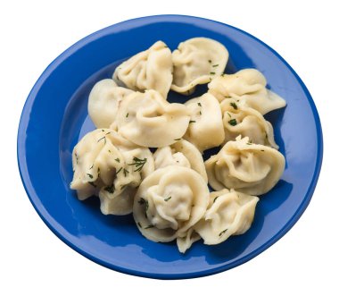 Beyaz arka planda izole bir plaka üzerinde köfte. et Dumpling