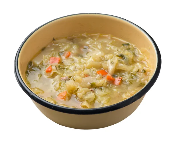 흰색 배경에 고립 된 접시에 양배추 수프. 채식 — 스톡 사진
