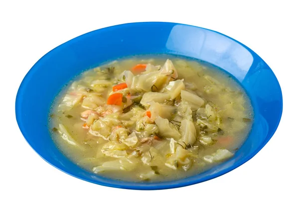 cabbage soup on a plate isolated on white background. vegetarian