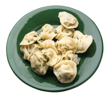 Beyaz arka planda izole bir plaka üzerinde köfte. et Dumpling