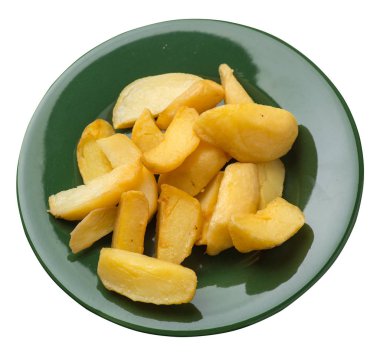 bir plaka üzerinde kızarmış patates takozlar. kızarmış patates sebzeler beyaz arka planda izole. Gıda üst görünümü