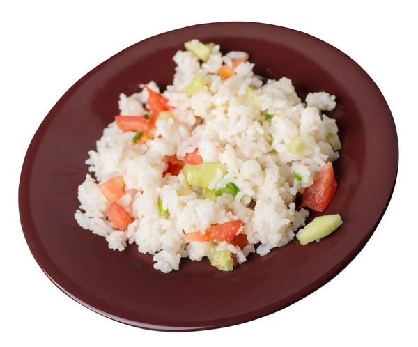 Arroz com verduras em uma chapa isolada em fundo branco. r — Fotografia de Stock