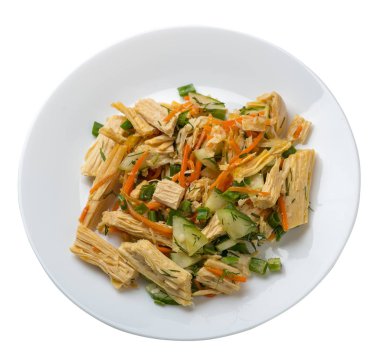 soya kuşkonmaz ve havuç, salatalık ve köfte ile salata