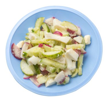 beyaz sırt izole bir tabaküzerinde salatalık ve yumurta ile salata