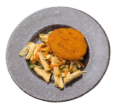 soya kuşkonmaz ve havuç, salatalık ve dilll ile fishcake. F