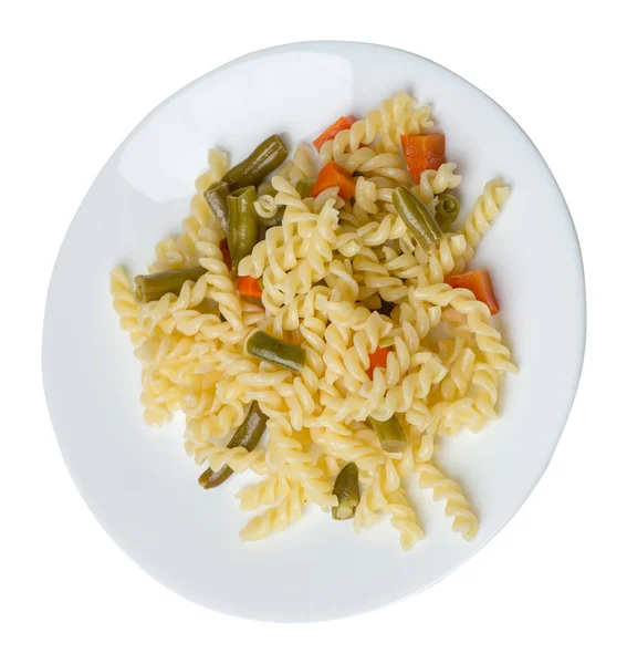 Pasta with green beans with garlicand carrots on a  plate isolat — Stock Photo, Image