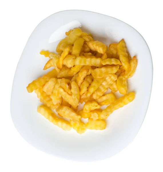 Patatine fritte su un piatto isolato su sfondo bianco. patatine fritte su un piatto vista dall'alto .cibo spazzatura  . — Foto Stock