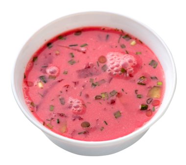 Pancar çorbası beyaz arka plan üzerinde izole bir tabak. çorba üst görünümü. vejetaryen gıda.