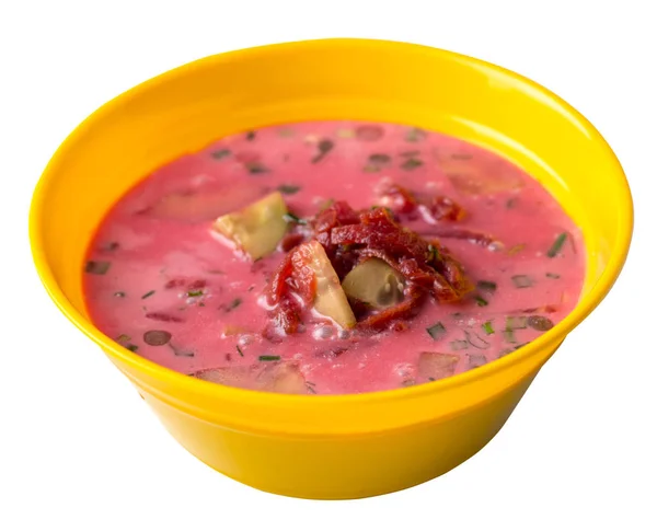 Rote-Bete-Suppe auf weißem Hintergrund. Soup Draufsicht. Vegetarisches Essen. — Stockfoto