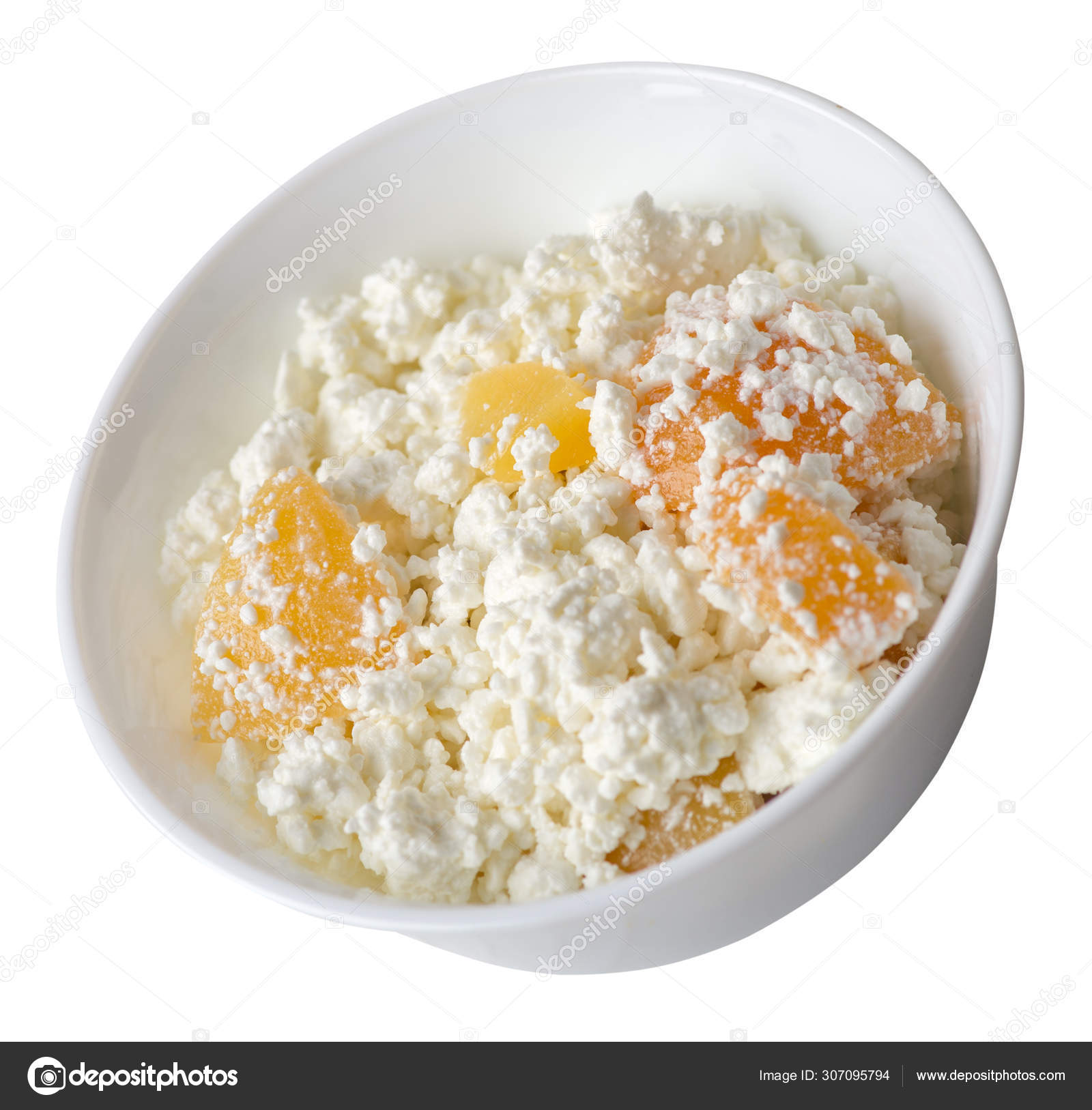 Cottage Cheese With Peaches On A Plate Isolated On White Backgro