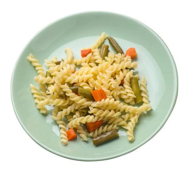 Pasta with green beans with garlicand carrots on a  plate isolat — Stock Photo, Image