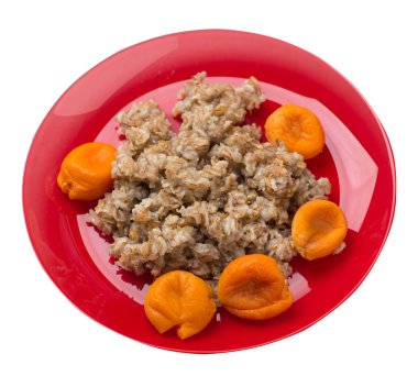 Sağlıklı gıda .rzhanye bir tabaktabakta kuru kayısı ile gevreği. Rai