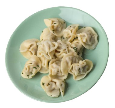 Beyaz arka planda izole bir plaka üzerinde köfte. et Dumpling