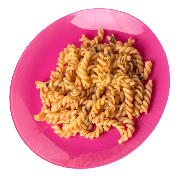 Pasta på en blå platta isolerad på vit bakgrund. pasta i tom — Stockfoto