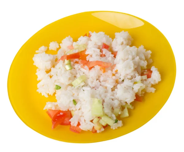 Arroz com verduras em uma chapa isolada em fundo branco. r — Fotografia de Stock