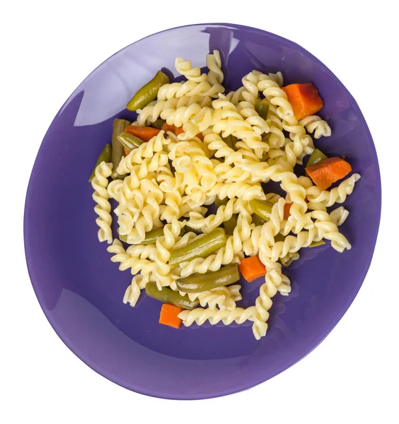 Pasta with green beans with garlicand carrots on a  plate isolat — Stock Photo, Image