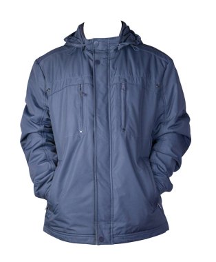 Beyaz arka planda izole edilmiş kapüşonlu bir erkek ceketi. Rüzgâr Kırması