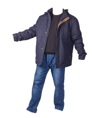 blue jacket,black sweater and blue jeans isolated on white background. casual fashion clothes