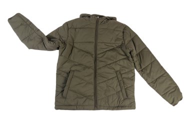 Beyaz arka planda izole edilmiş kapüşonlu koyu yeşil ceketli adamlar. Rüzgarlık ceketli üst manzara. Sıradan stil