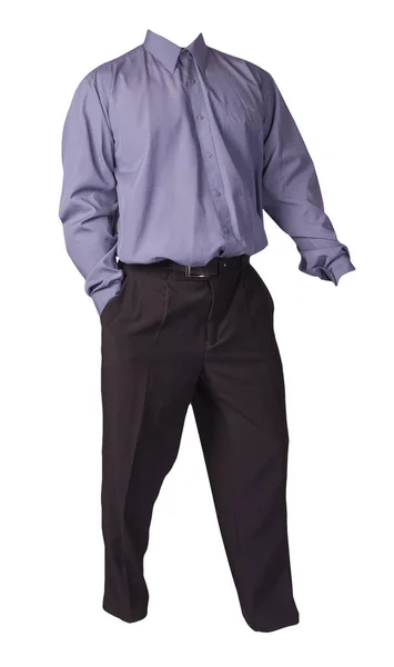 男性用の紫のシャツと黒のパンツは白地に隔離されてるファッションウェア — ストック写真
