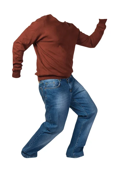 Men Dark Red Sweater Blue Jeans Isolated White Background Casual — Stock Photo, Image